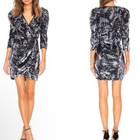 Tanya Taylor Zoey disco Sequin plunging v neck Camo Wrap mini dress long sleeve - Picture 9 of 9